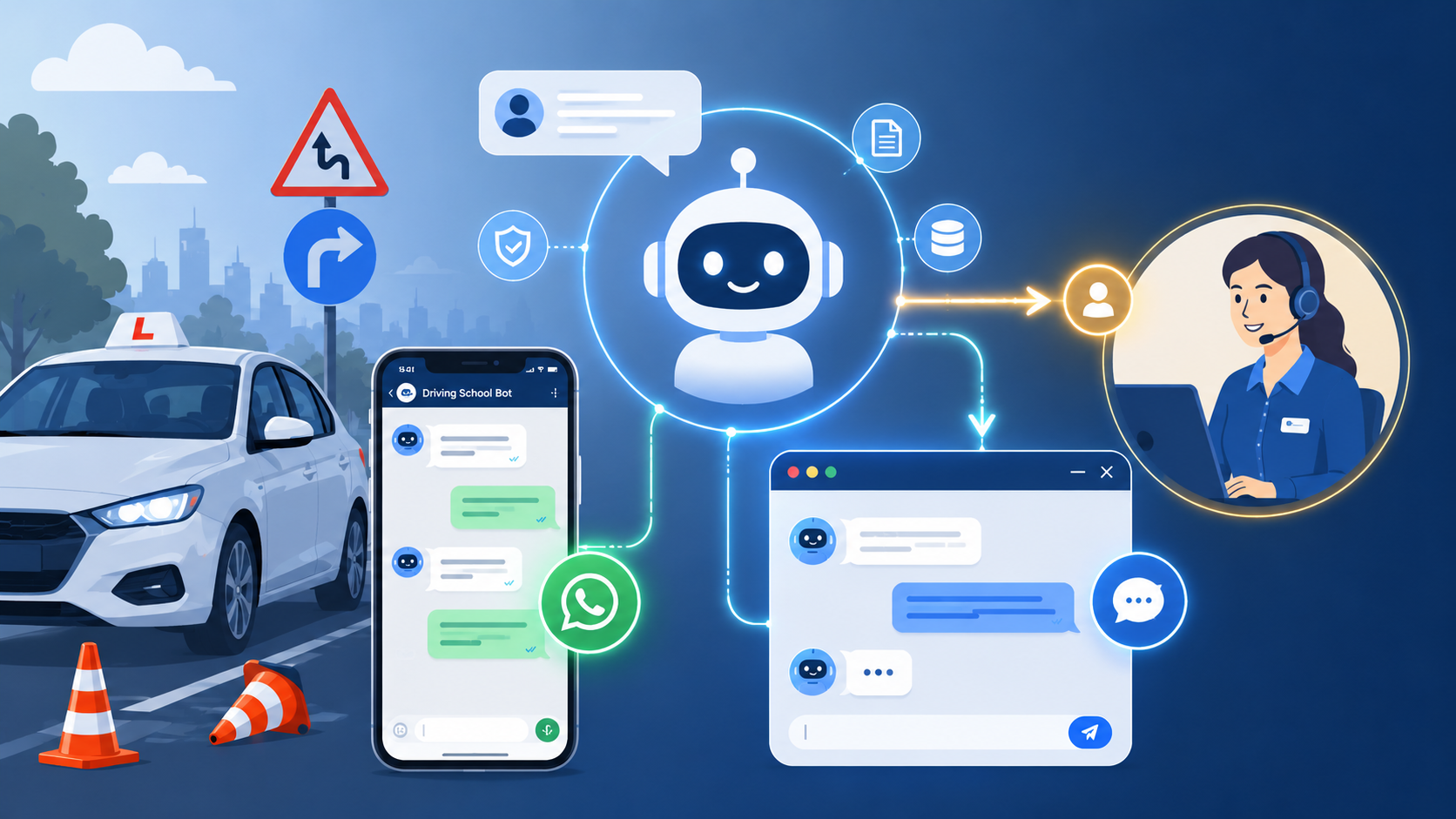 Driving school office with website chat and WhatsApp assistant
